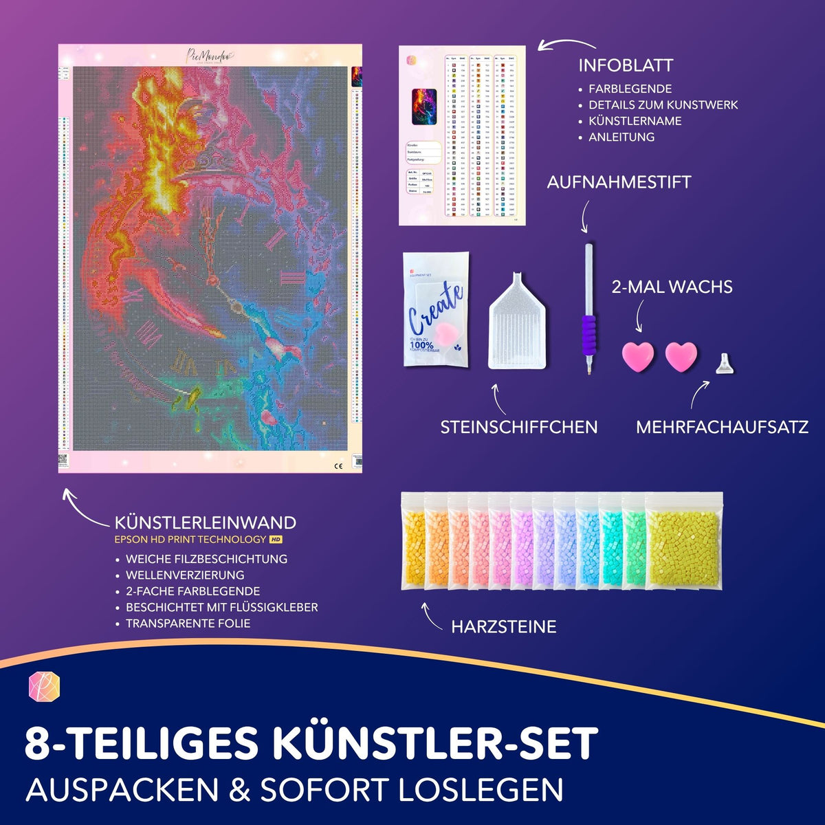 Diamond Painting Set Time of magic Moments mit Leinwand, 100 Farben, Harzsteinen und Zubehör für DIY Kunstwerke.