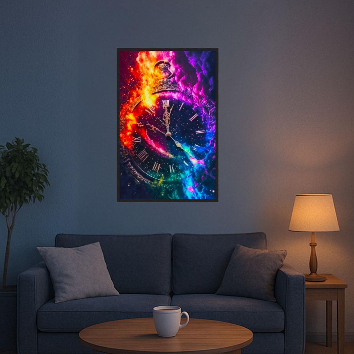Diamond Painting Set Fantasy Uhr mit bunten Flammen und Sternennebel als fertiges 50x70cm Wandbild im Wohnzimmer