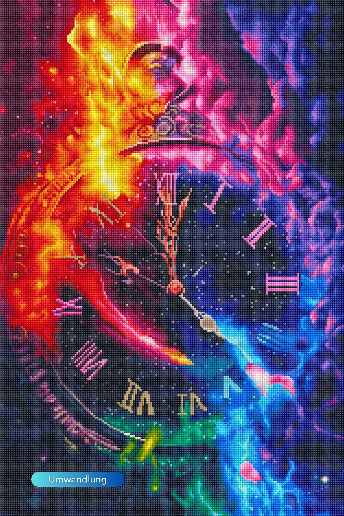 Diamond Painting Set Time of Magic Moments mit bunter Fantasy-Uhr aus brillanten Strasssteinen in 100 Farben