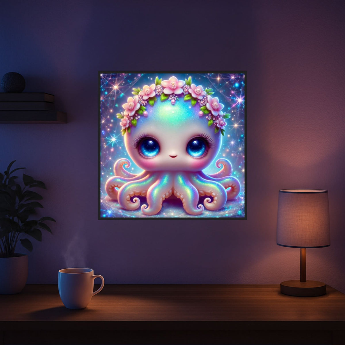 Diamond Painting Tinty: Süßer Oktopus mit Blumenkranz in funkelnder Fantasy-Optik, fertig gerahmtes 50x50cm Kunstwerk.