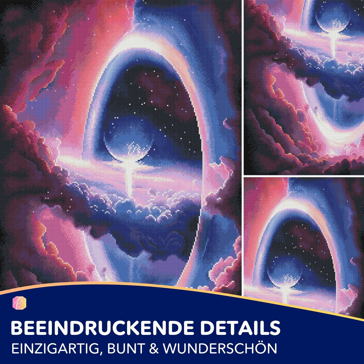 Diamond Painting Set Tor in die andere Welt mit blau-rosa Wolken und Glitzersteinen als magisches Fantasy-Motiv
