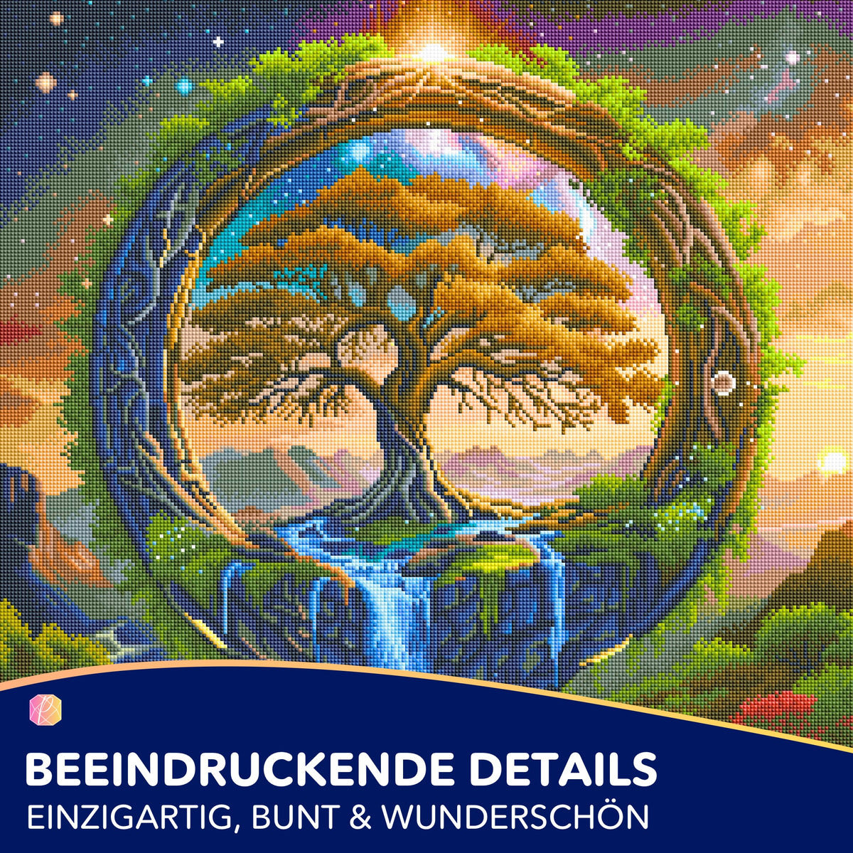 Diamond Painting Set Tor zur Anderswelt mit buntem Fantasy-Baum, Wasserfall und glitzernden AB-Steinen in Waldlandschaft