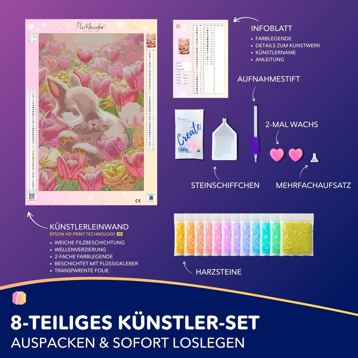 Diamond Painting Set Ostern: Verträumtes Häschen Motiv mit Glitzersteinen, Leinwand und komplettem Zubehör zum Basteln.