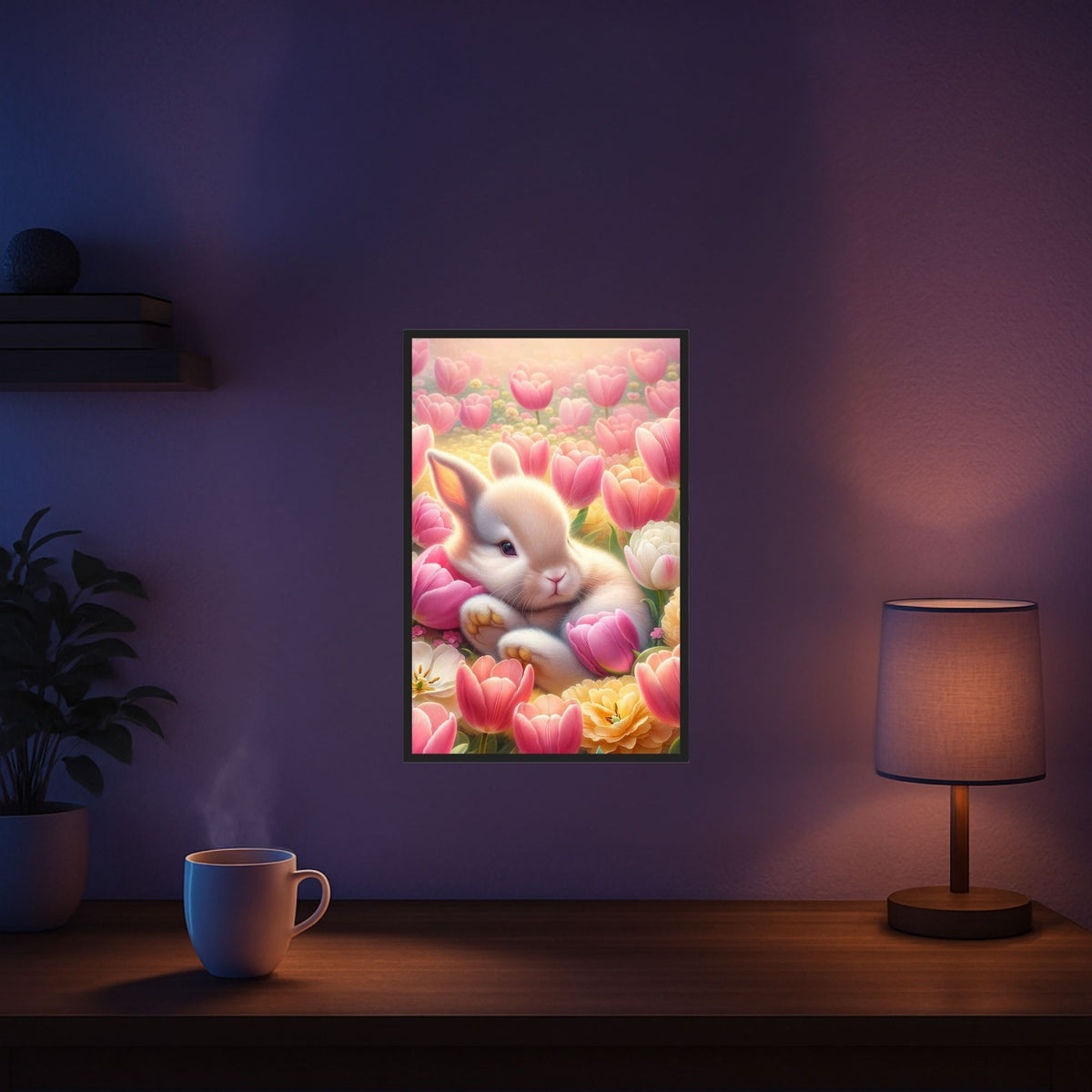 Diamond Painting Set eines niedlichen Osterhäschens in einem bunten Tulpenfeld, perfekt für DIY-Kunst und Ostern.