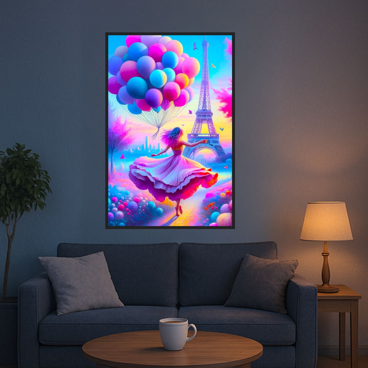 Diamond Painting Set Verträumtes Paris mit Frau, bunten Luftballons und Eiffelturm als glitzernde Wanddekoration