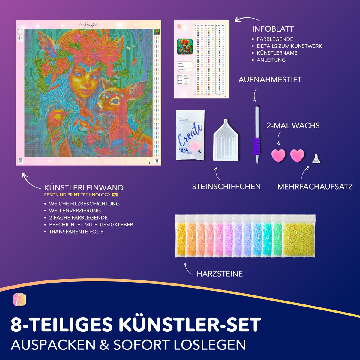 Diamond Painting Set Waldmädchen mit bunten Harzsteinen, Leinwand, Werkzeug und Zubehör für DIY Kunstprojekte