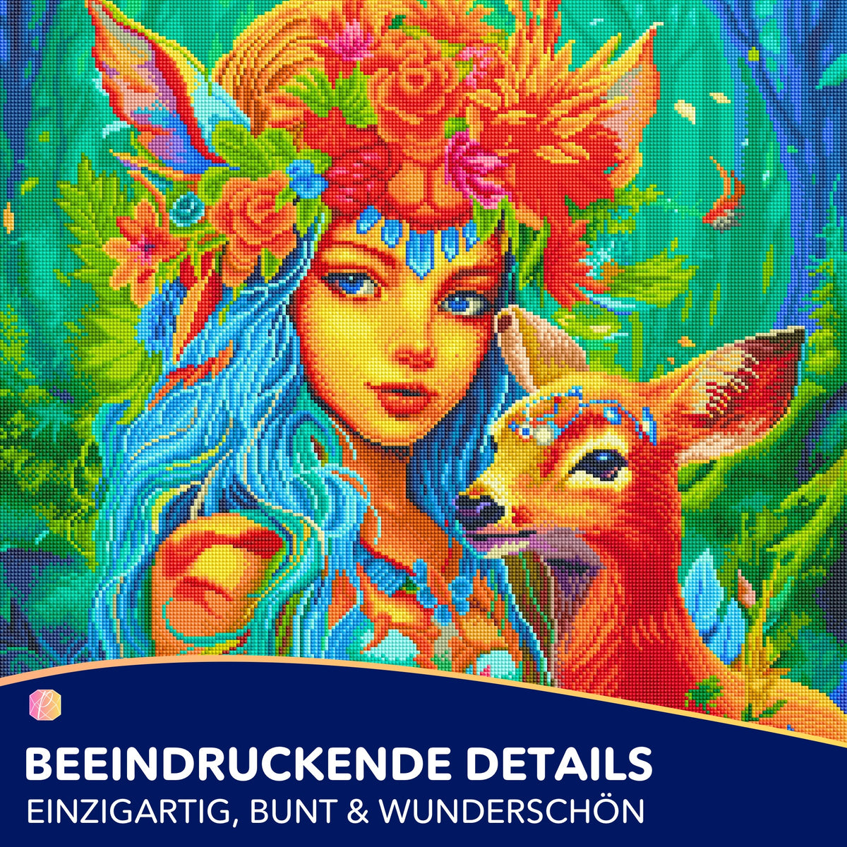 Diamond Painting Set Waldmädchen mit Reh, buntes Fantasy-Motiv mit glänzenden Steinen auf 60x60cm Leinwand.