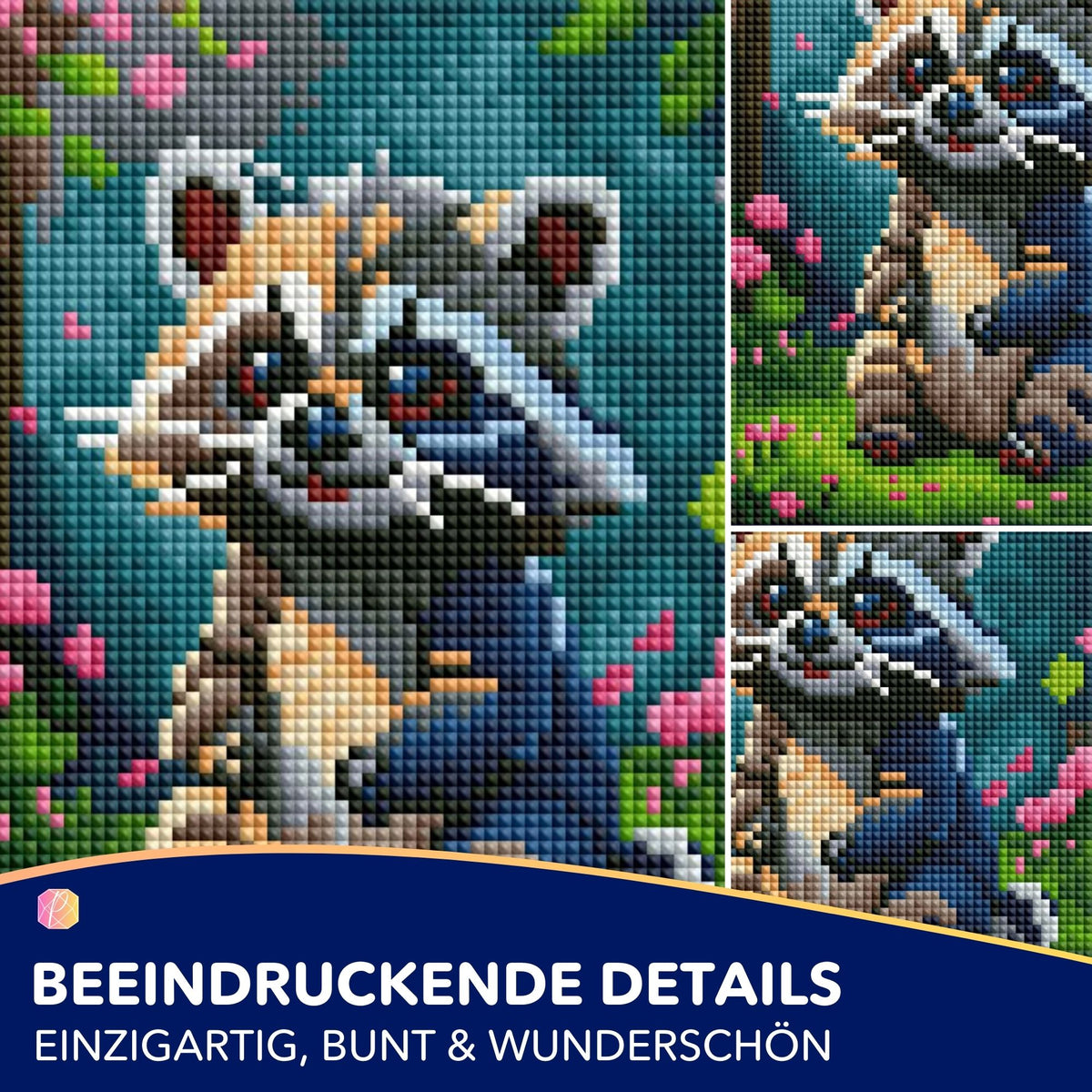 Diamond Painting Set Waschbär Brownie mit bunten Blumen, 15x20cm Motiv für kreatives Diamanten Painting Kunstwerk