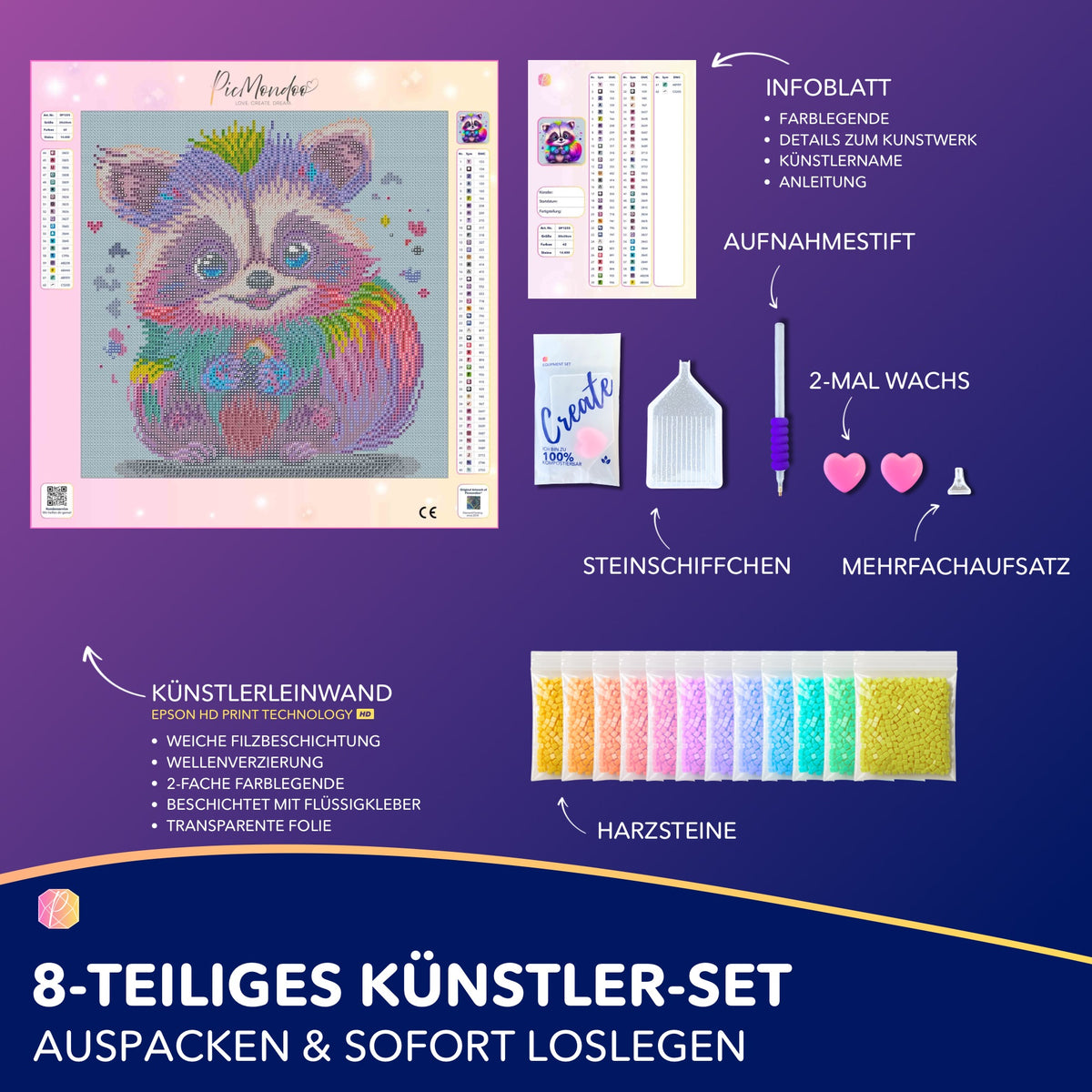 Diamond Painting Set Waschbär Willibald: 30x30cm Leinwand mit bunten Steinen, Zubehör und Anleitung für DIY-Kunstwerke.