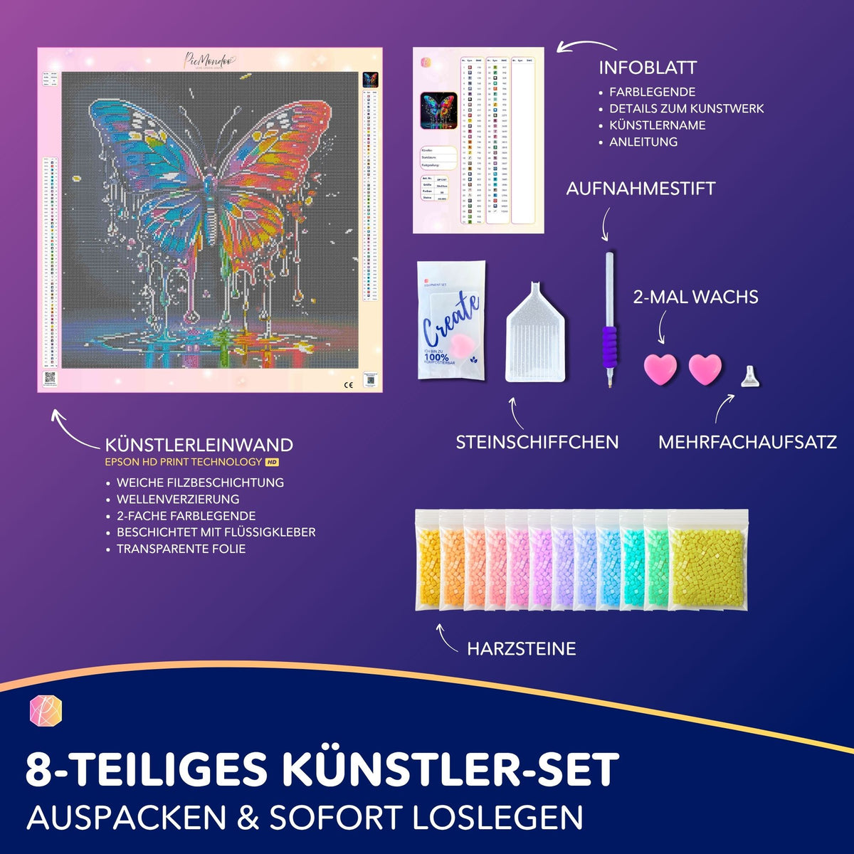 Diamond Painting Set Schmetterling mit Wassertropfen, Leinwand, bunten Harzsteinen und Zubehör für DIY Kunstwerke.