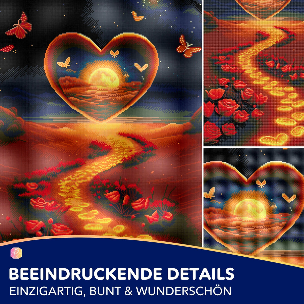 Diamond Painting Weg der Liebe mit Herz Motiv, bunten Rosen und Schmetterlingen in leuchtenden Farben