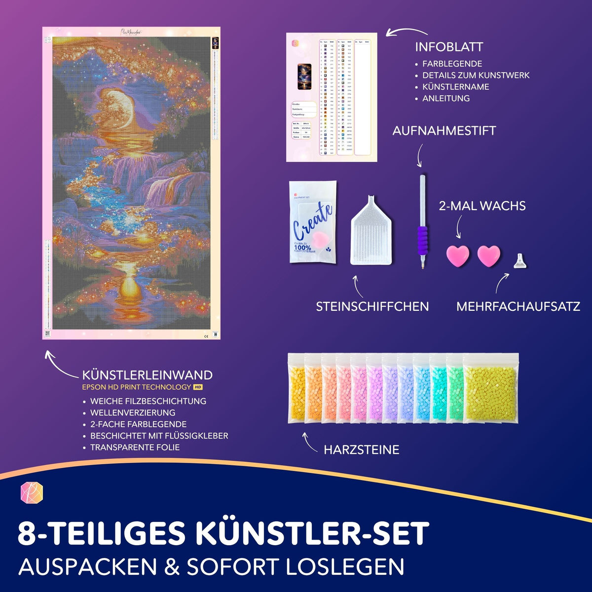 XXL Diamond Painting Set mit Landschaftsmotiv, Wasserfall, eckigen Steinen, Zubehör und Leinwand für DIY-Kunstprojekte