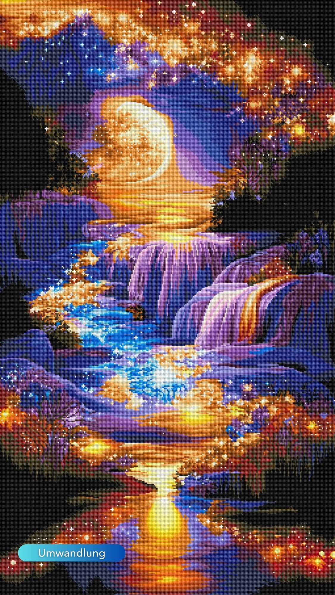 XXL Diamond Painting einer magischen Fantasy-Landschaft mit Wasserfall, leuchtendem Vollmond und glitzernden AB-Steinen