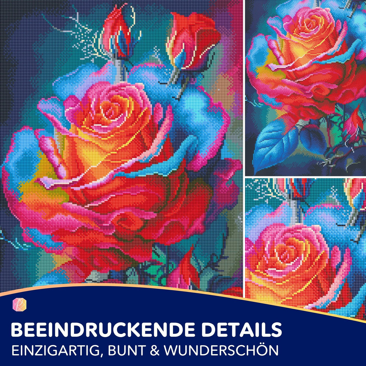 Diamond Painting Set mit bunter Rosenblüte als Motiv – detailreiche Glitzersteine auf Leinwand für DIY-Kunstwerke