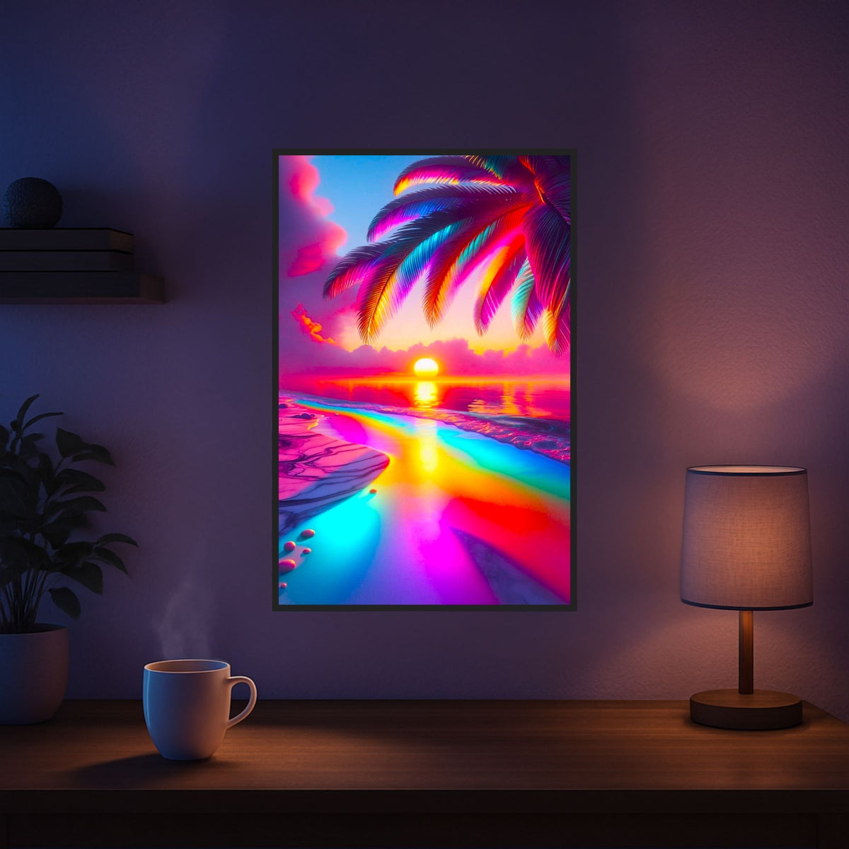 Diamond Painting Zauberstrand mit bunter Palme und Sonnenuntergang am Meer in leuchtenden Farben an einer Zimmerwand