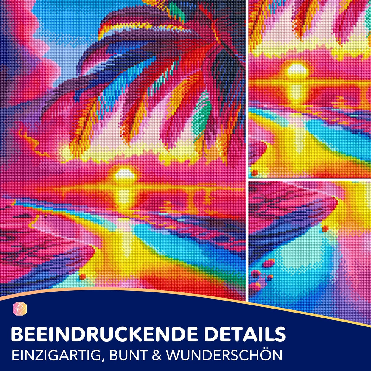 Diamond Painting Set Zauberstrand mit bunter Palme und Sonnenuntergang am Meer in leuchtenden Farben