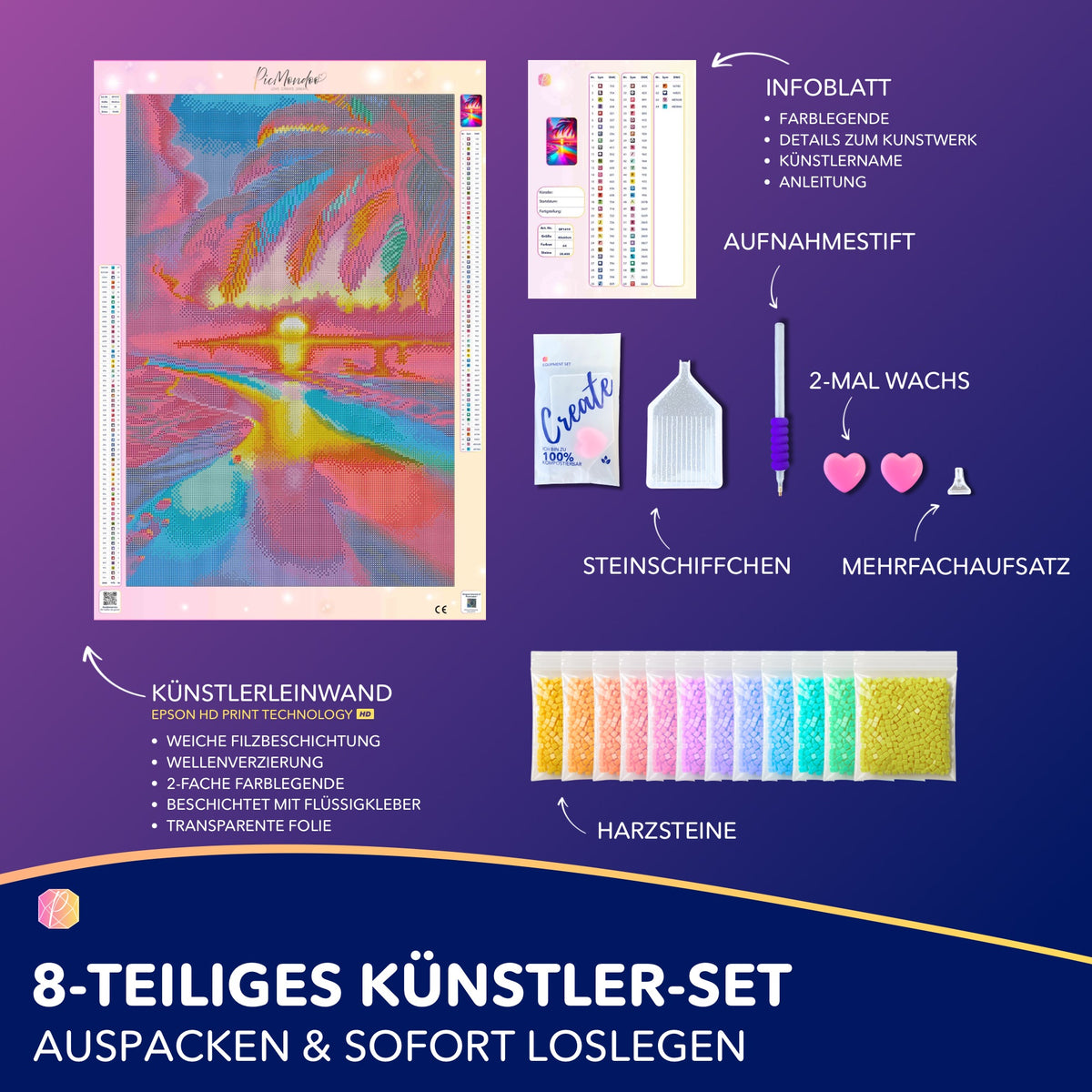 Diamond Painting Set Zauberstrand mit bunter Leinwand, eckigen Steinen, Werkzeug und Zubehör für DIY-Kunstwerke.