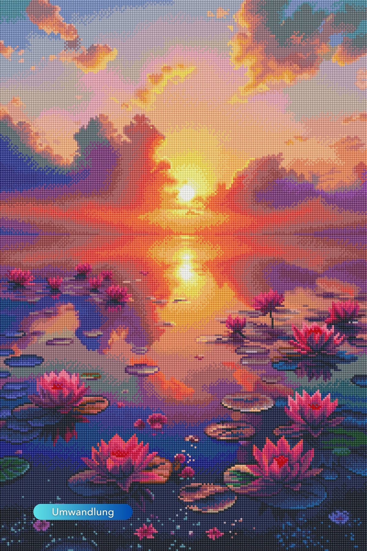 Diamond Painting Set Abenddämmerung mit rosa Seerosen am See bei romantischem Sonnenuntergang und Spiegelung im Wasser