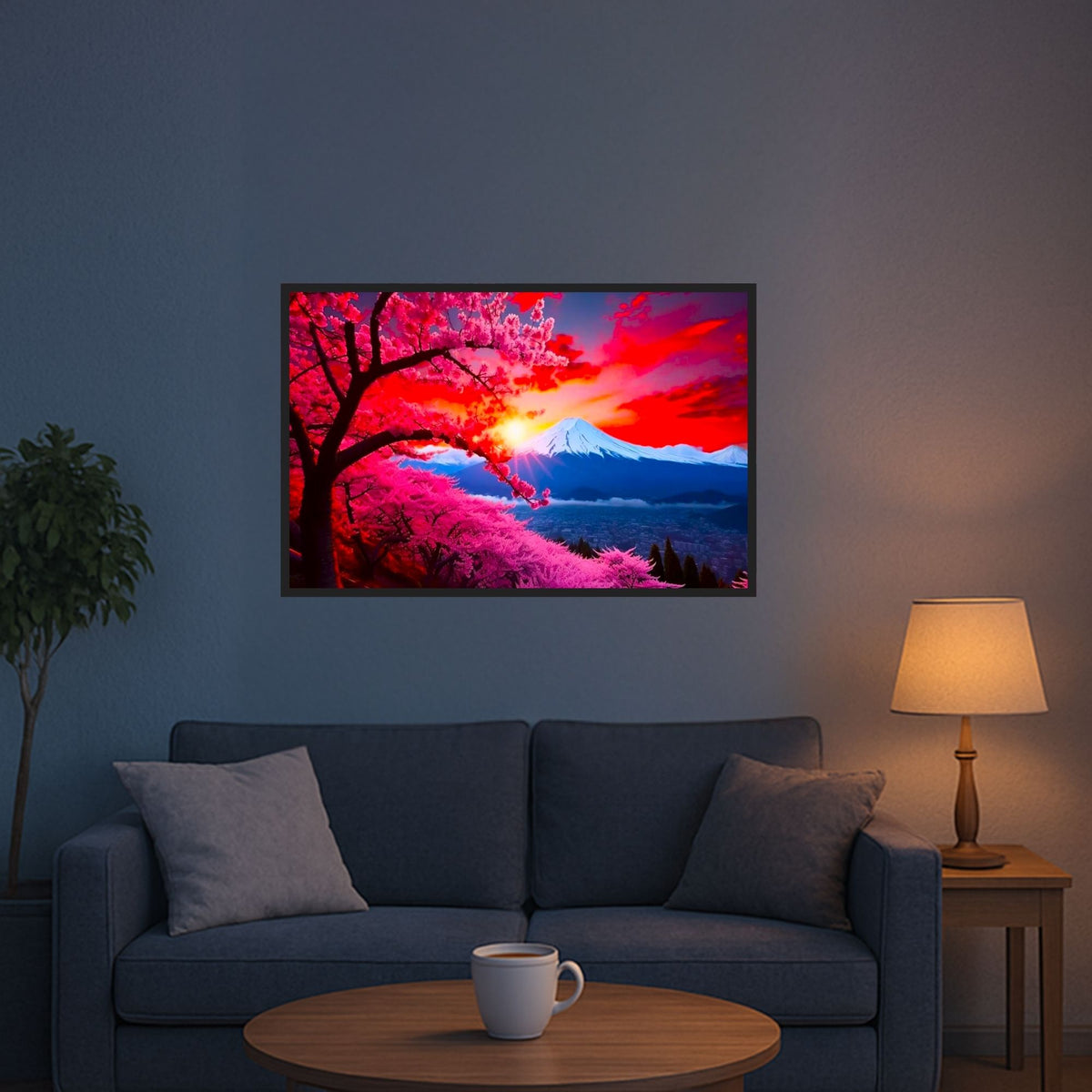Diamond Painting Berg der Kirschblüten mit leuchtenden Farben, rosa Kirschblütenbaum und schneebedecktem Gipfel im Abendrot.