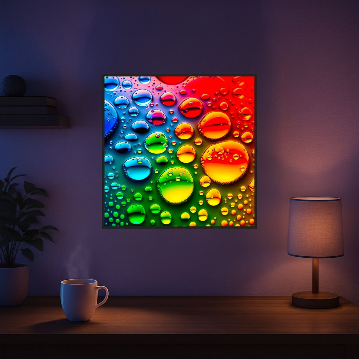 Fertiges Diamond Painting Set mit bunten Regentropfen Motiv, glänzende AB Steine in 50x50cm Kunstwerk, Wanddeko für zuhause.