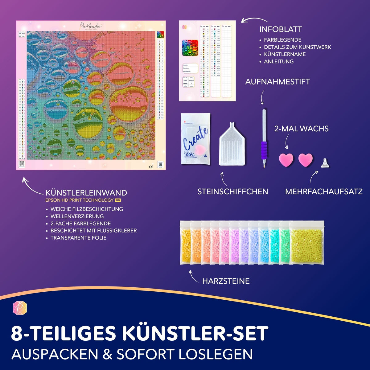 Diamond Painting Set Colorful Raindrops mit 50x50cm Leinwand, bunten AB-Steinen und vollständigem Zubehör für DIY-Kunst