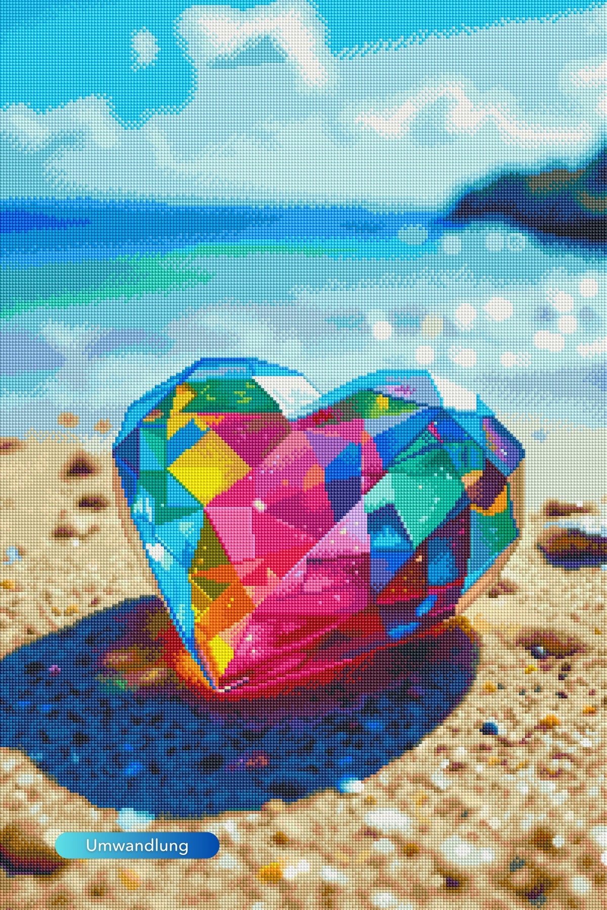 Diamond Painting Set Crystal Heart mit bunten Glitzersteinen als schimmerndes Herz am Sandstrand bei Sonnenlicht