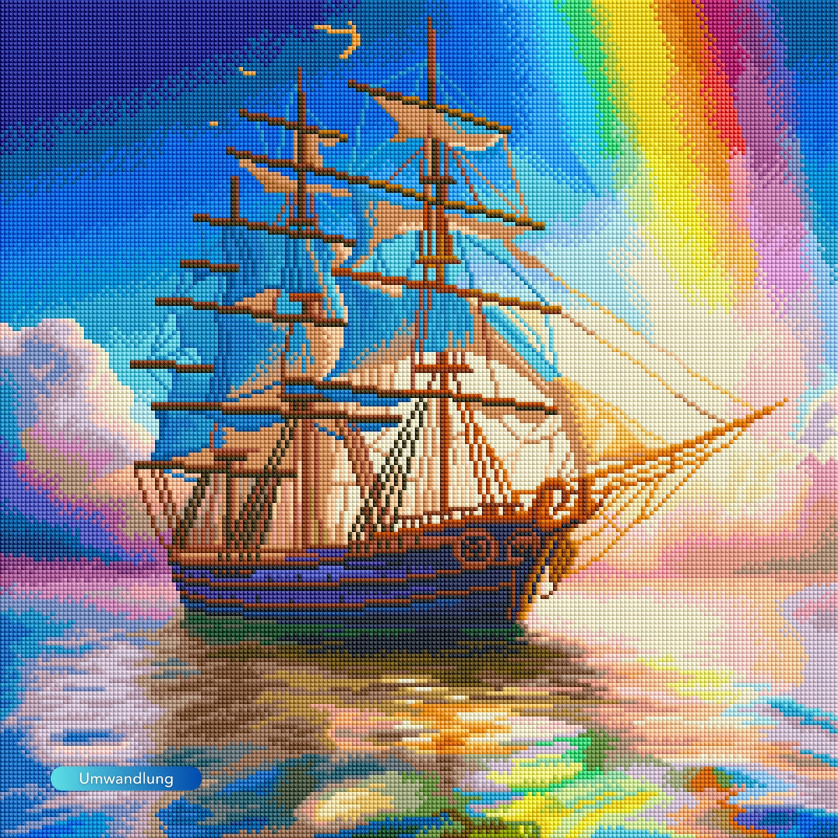 Diamond Painting Set Freiheit auf See: Buntes Segelschiff auf dem Meer mit Regenbogen und spiegelndem Wasser.