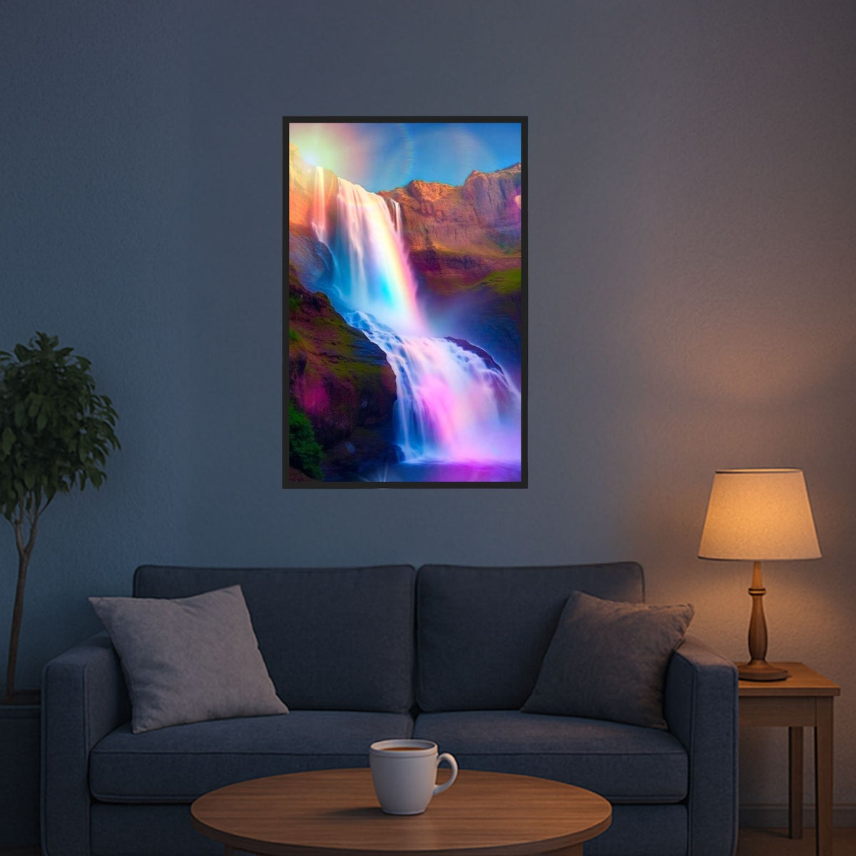 Diamond Painting Set Wasserfall in bunten Farben mit glitzernden Steinen als lebendige Wanddekoration für das Wohnzimmer
