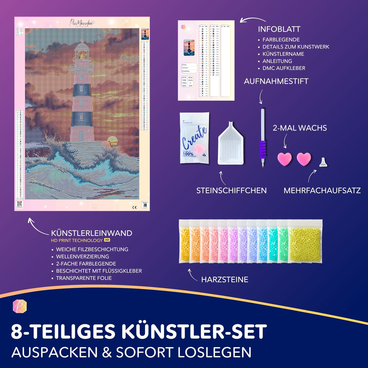 Diamond Painting Set Leuchtturm im Meer bei Sonnenuntergang mit Leinwand, Glitzersteinen und Bastelzubehör für Erwachsene