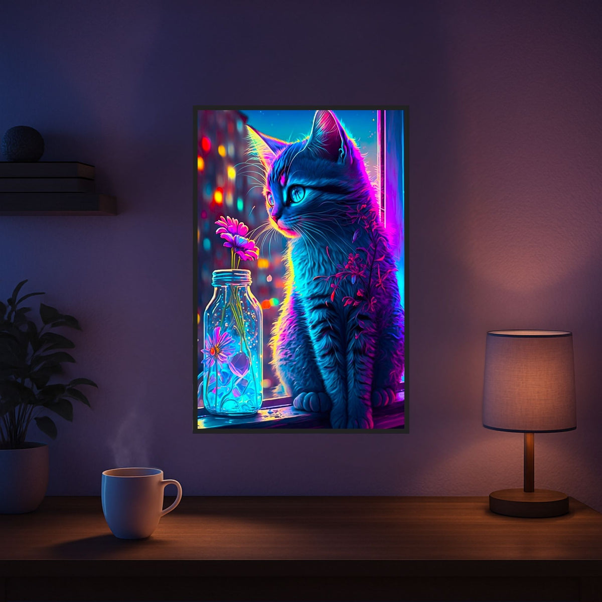 Diamond Painting Set Little Cat of Flowers: Bunte Katze mit leuchtenden Blumen in Vase im eckigen Diamanten-Design.