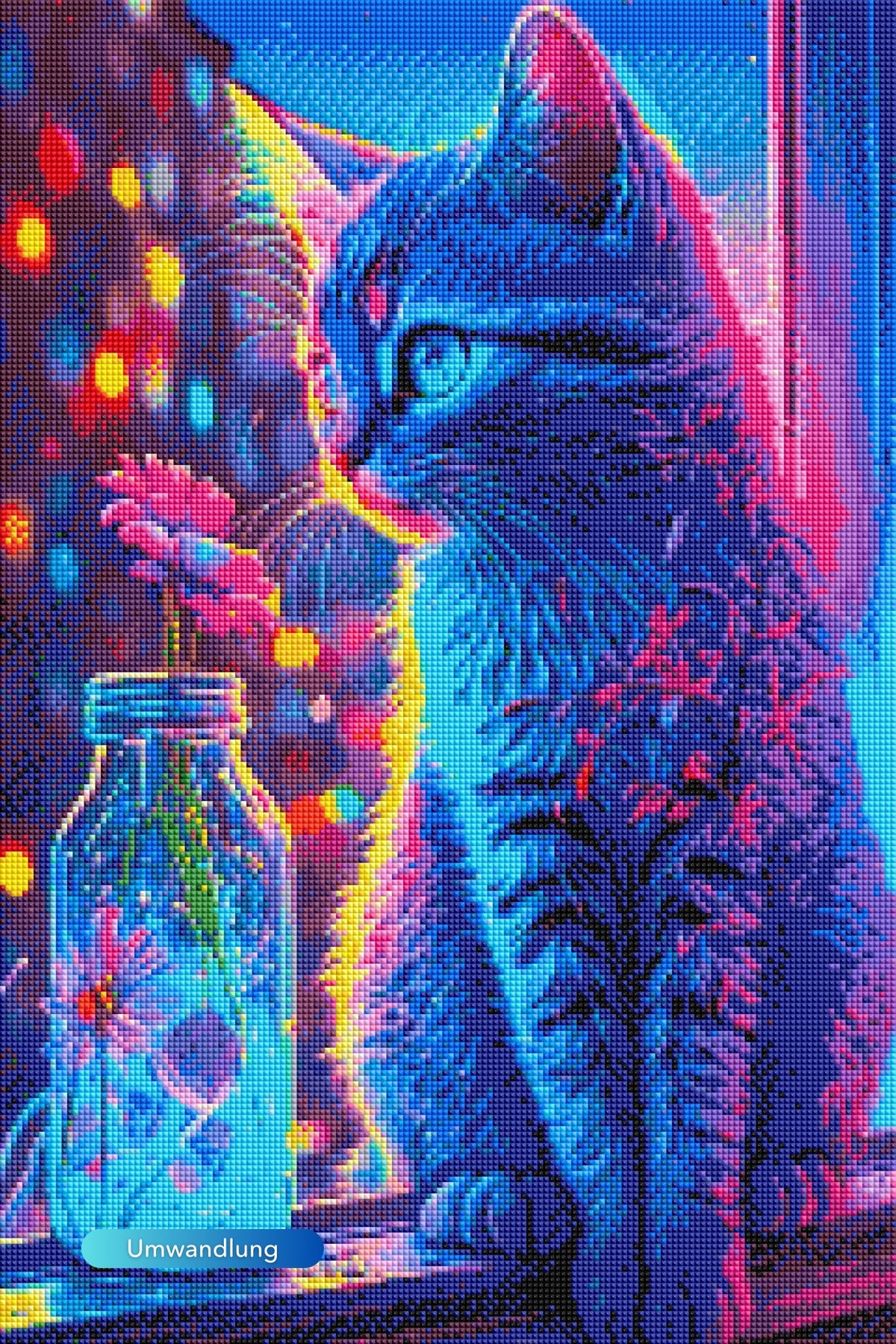 Diamond Painting Set mit einer kleinen Katze, Blumen in einer Vase und bunten Lichteffekten in leuchtenden Neonfarben.