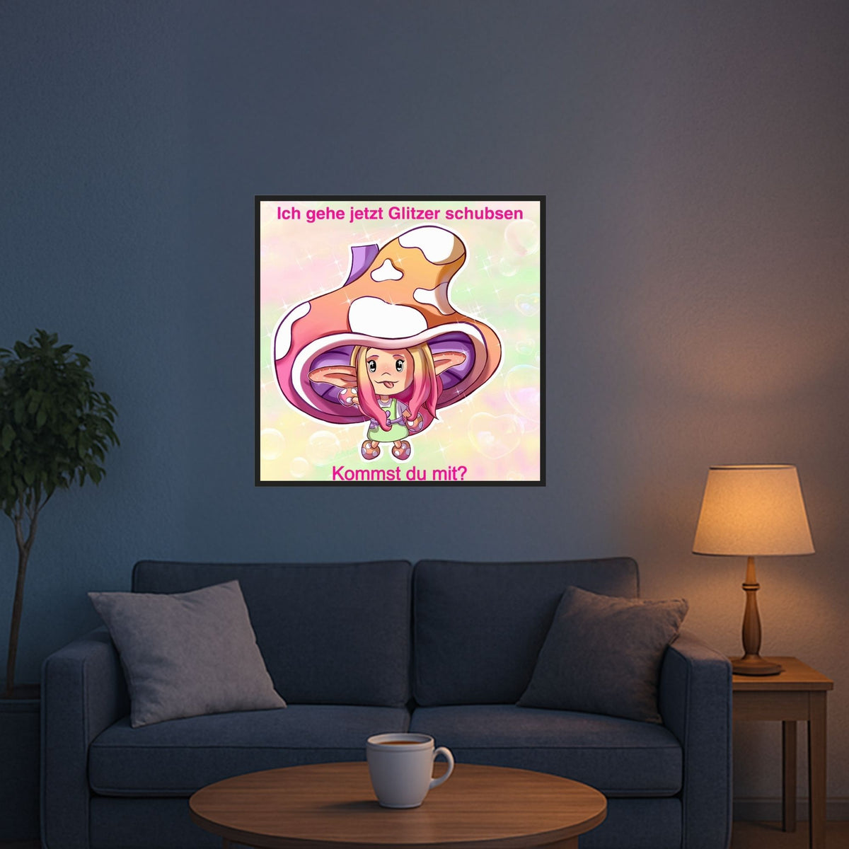 Diamond Painting Moni Shroomi mit süßer Pilz-Elfe und Spruch als Wandbild in einem gemütlichen Wohnzimmer