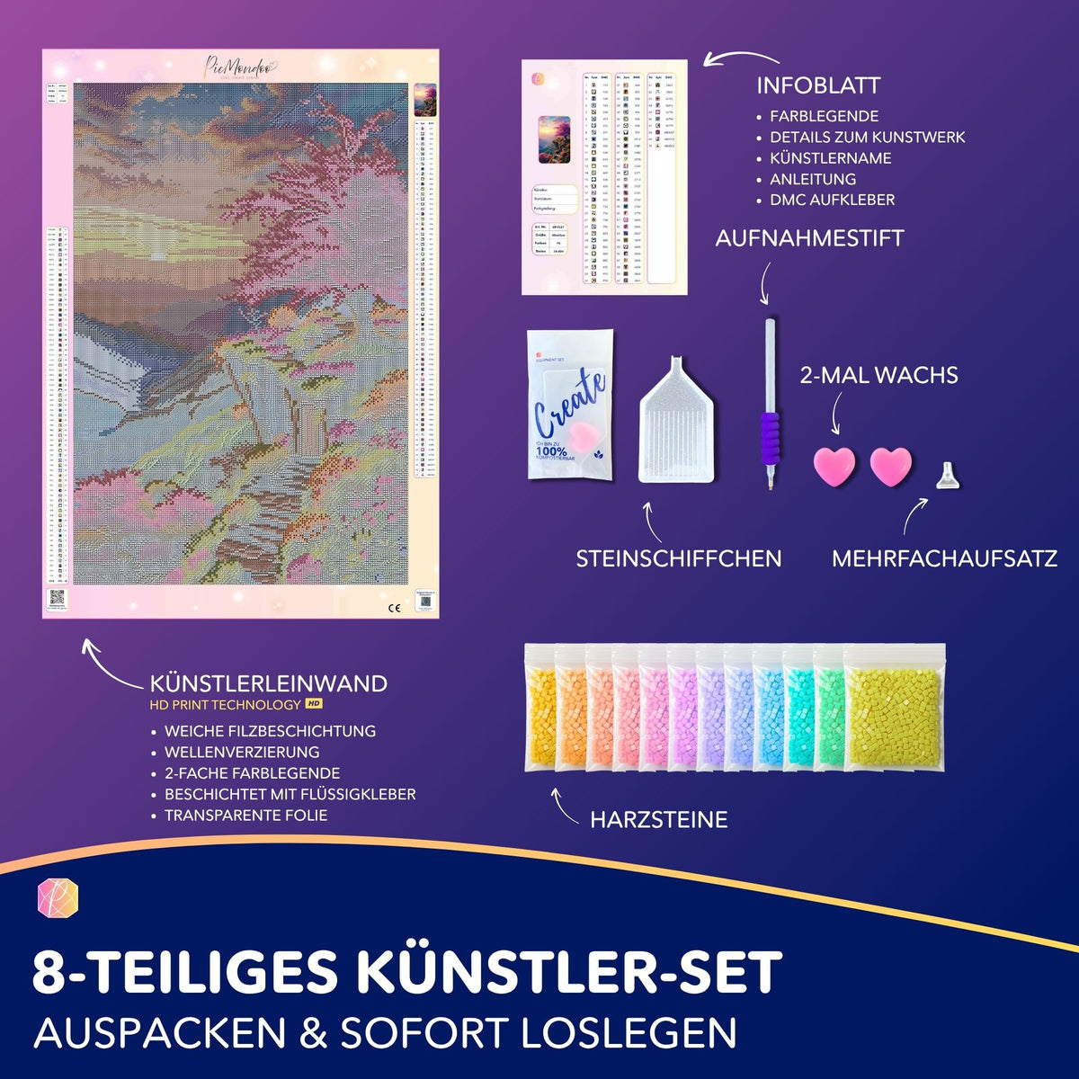 Diamond Painting Set Morgendämmerung mit Leinwand, bunten Steinen und Zubehör für malerische Berglandschaft mit pinken Bäumen