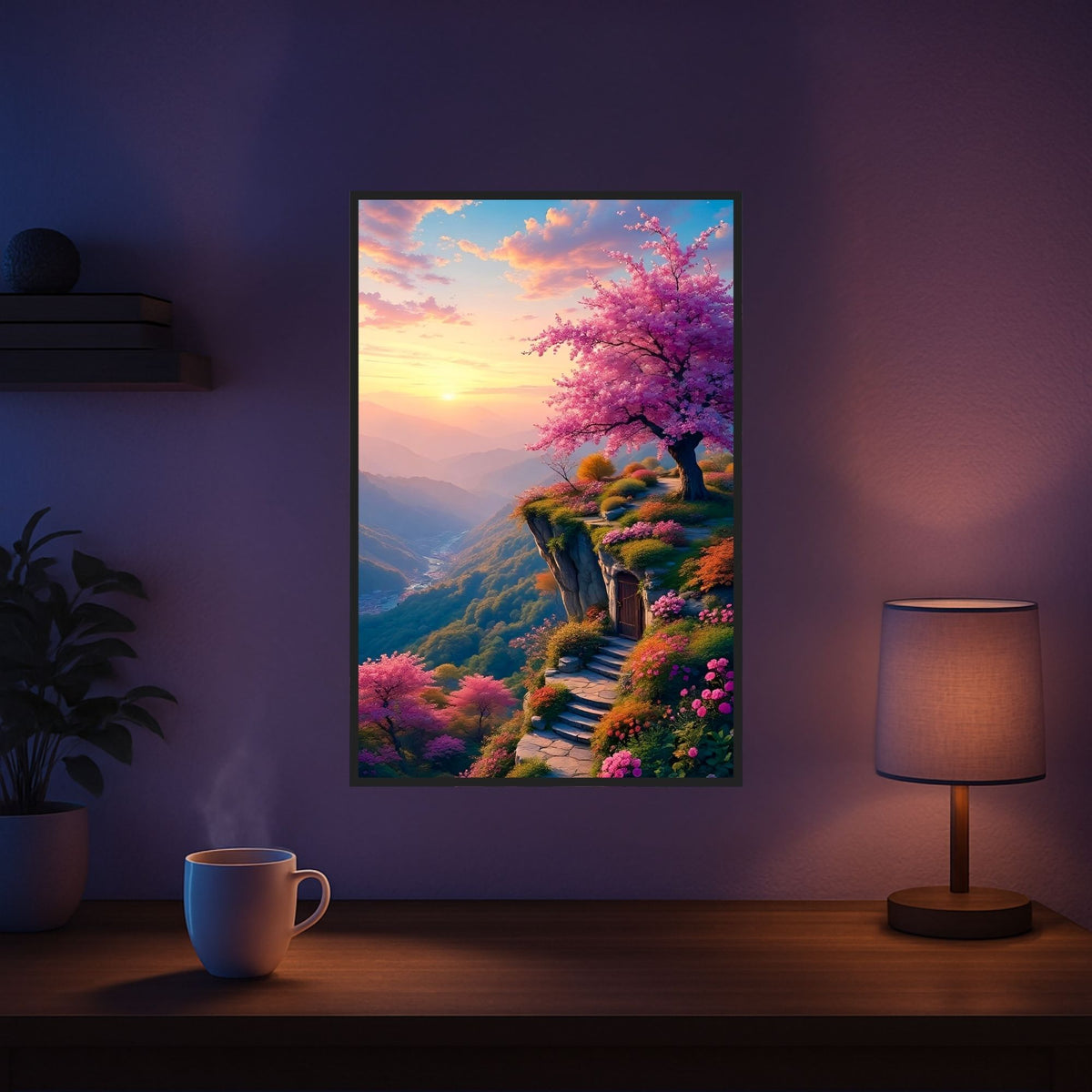 Diamond Painting Morgendämmerung: Kunstwerk mit blühenden Bäumen, Berglandschaft und Pfad in warmen Farben an der Wohnzimmerwand.