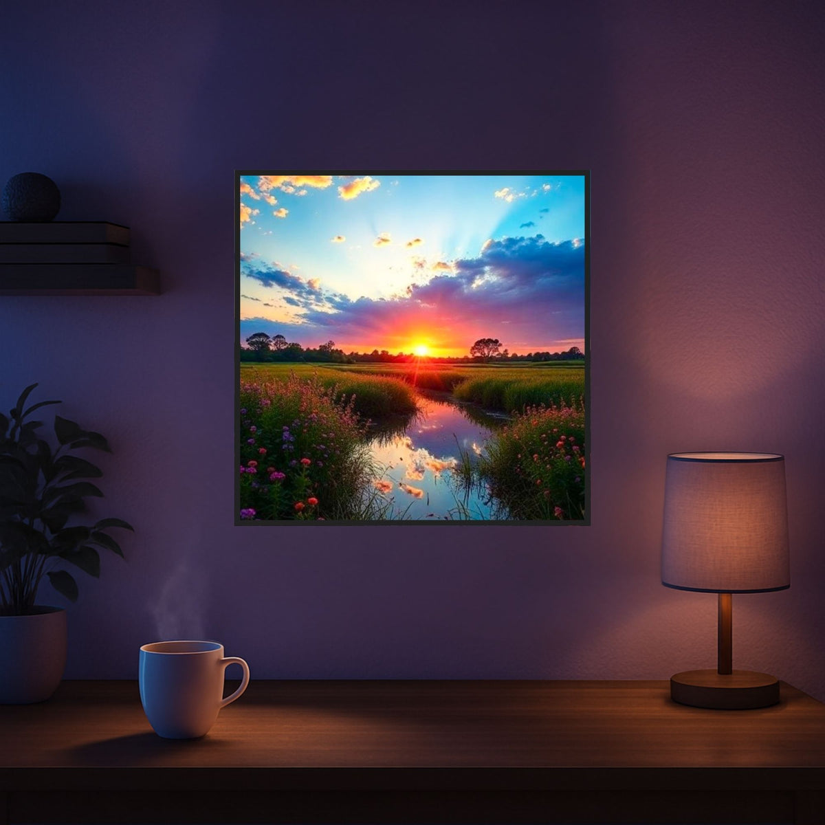 Diamond Painting Morgenrot mit Sonnenaufgang über Blumenwiese und Fluss, kunstvoll gestaltet an einer Zimmerwand