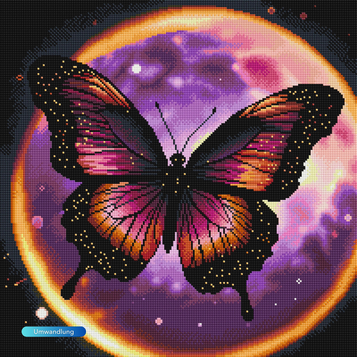 Diamond Painting Set Purple Moon mit leuchtendem lila Mond und detailreichem Schmetterling in 50x50cm