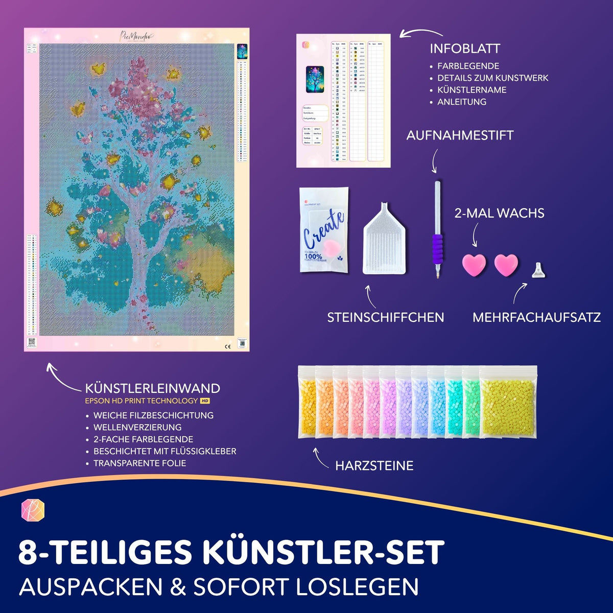 Diamond Painting Set Schmetterlingsbaum mit Zubehör, Leinwand und bunten Steinen für kreatives DIY-Hobby auf 50x75cm