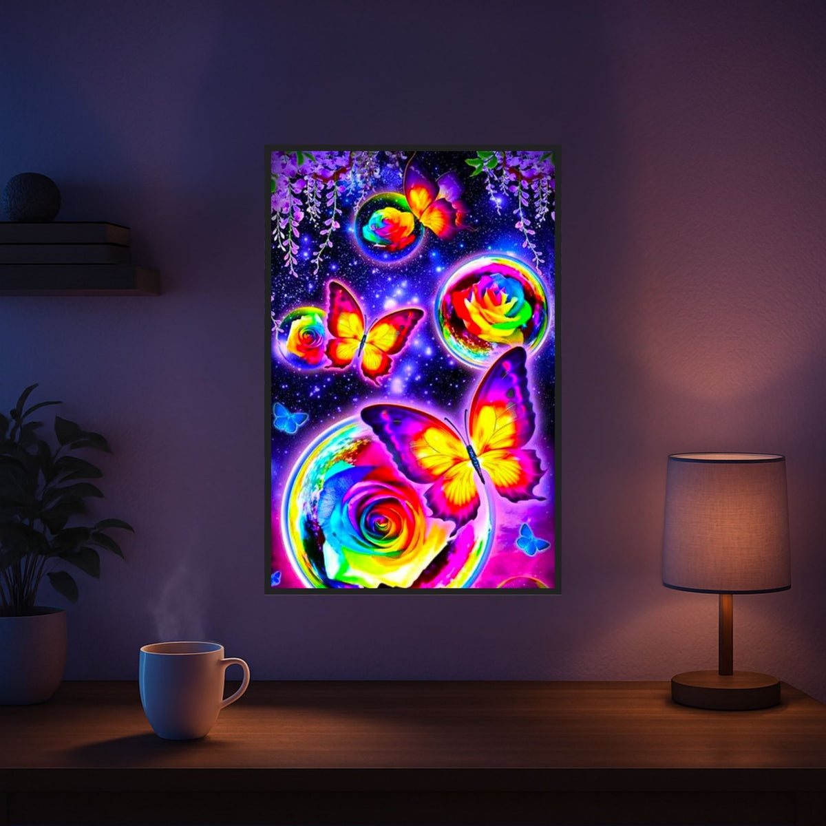 Diamond Painting Set Schmetterlingstanz mit bunten Rosen und leuchtenden AB-Steinen als 40x60cm Fantasy-Bild für Erwachsene