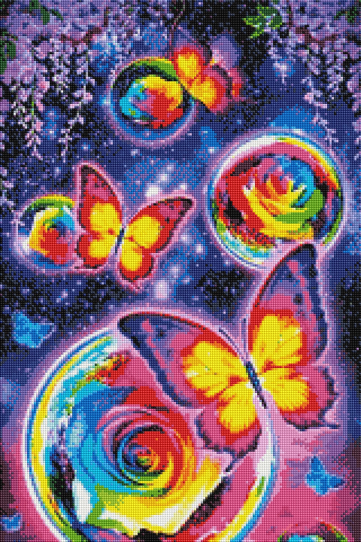 Diamond Painting Set Schmetterlingstanz mit bunten Rosen und AB-Steinen auf dunklem Hintergrund im Mondschein-Design