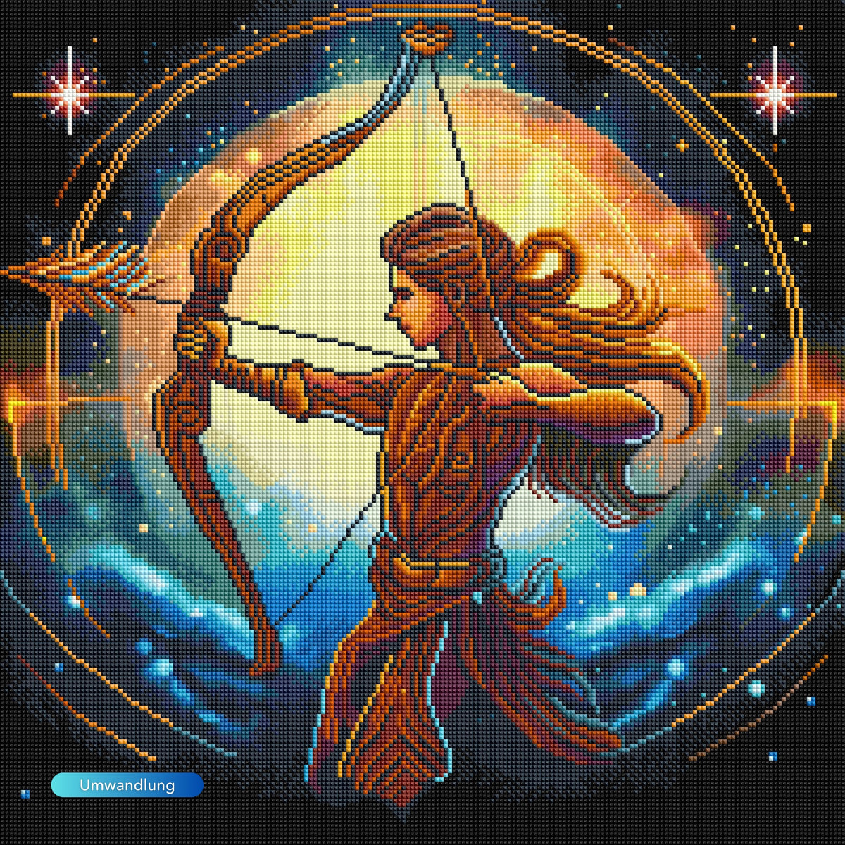 Diamond Painting Sternzeichen Schütze mit glitzernden AB-Steinen und buntem Fantasy-Motiv auf 50x50cm Leinwand.