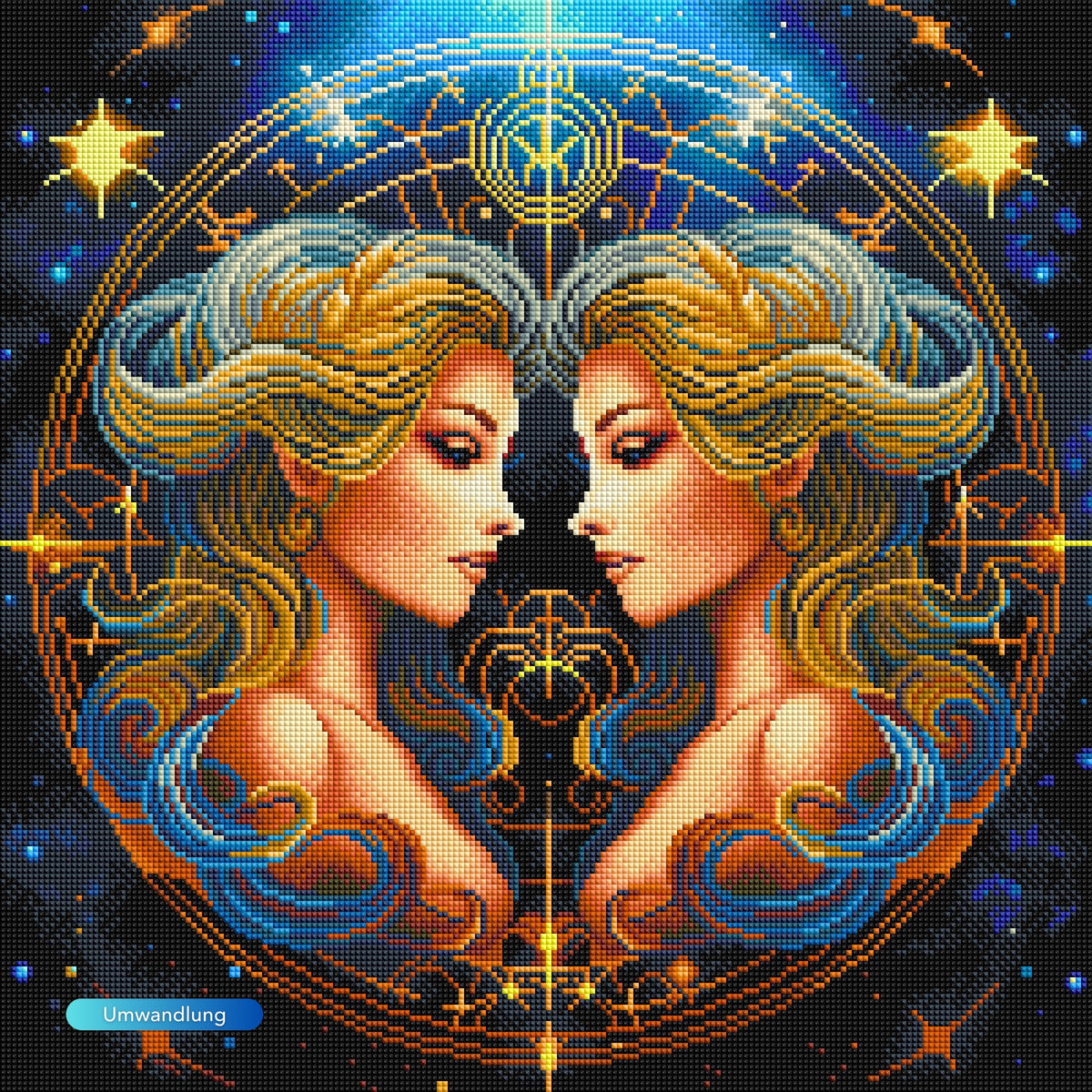 Diamond Painting Sternzeichen Zwilling mit bunten Steinen und funkelndem Fantasy-Motiv für kreative DIY-Projekte