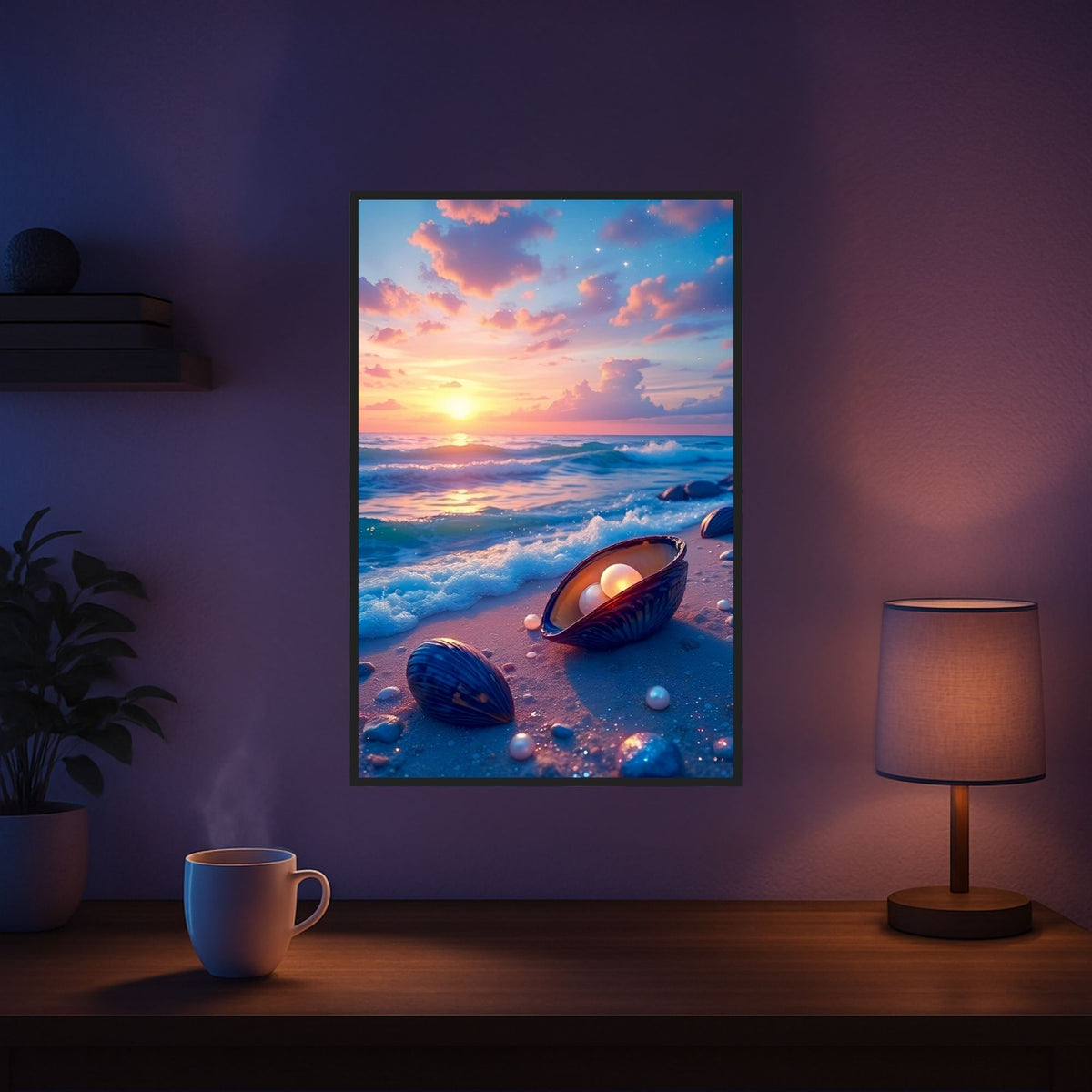 Diamond Painting Set Strandliebe mit Muscheln, Perlen und romantischem Sonnenuntergang am Meer im 40x60cm Format