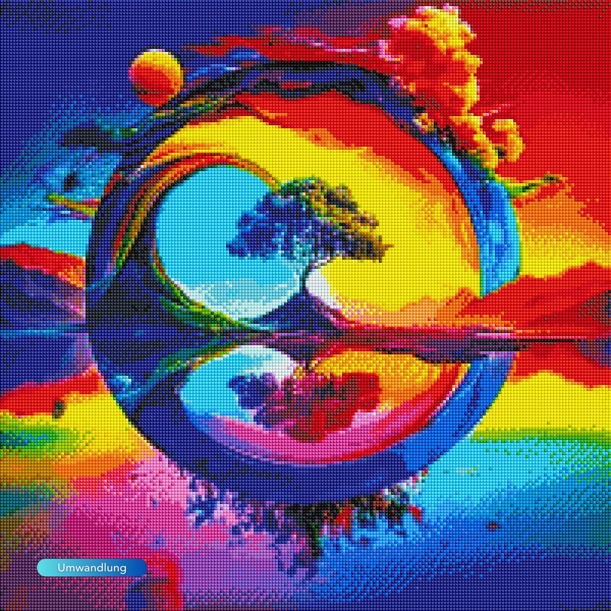 Buntes Diamond Painting Set The Land of Fantasy mit eckigen AB Steinen, Baum-Motiv und leuchtender Yin-Yang-Landschaft.