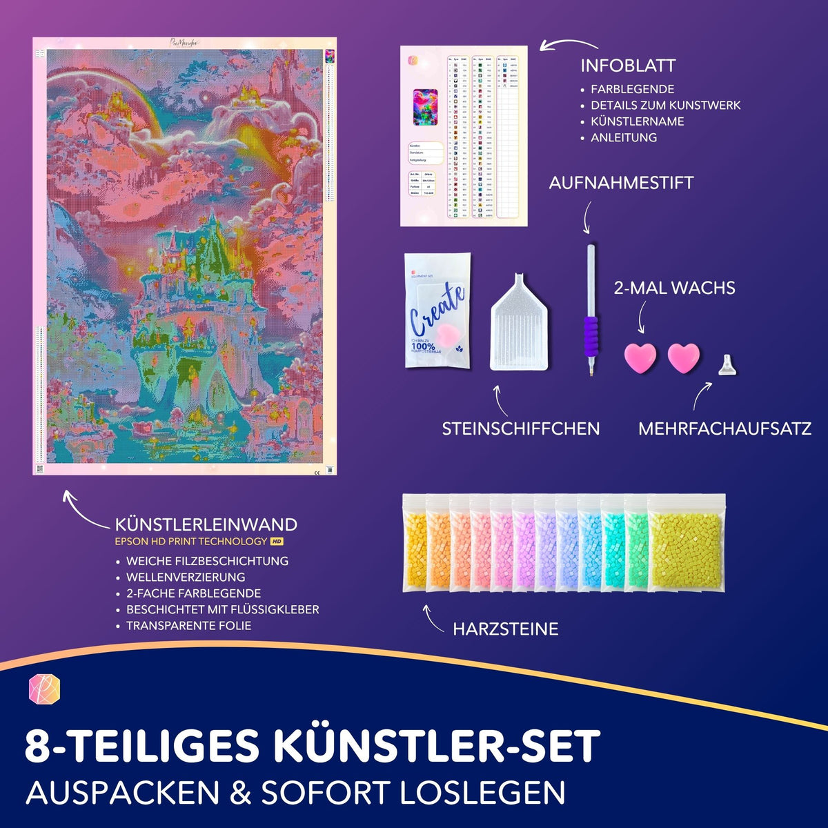 Diamond Painting Set Traumland mit glitzernden AB Steinen, Leinwand, Stift und buntem Zubehör für ein Fantasie Motiv