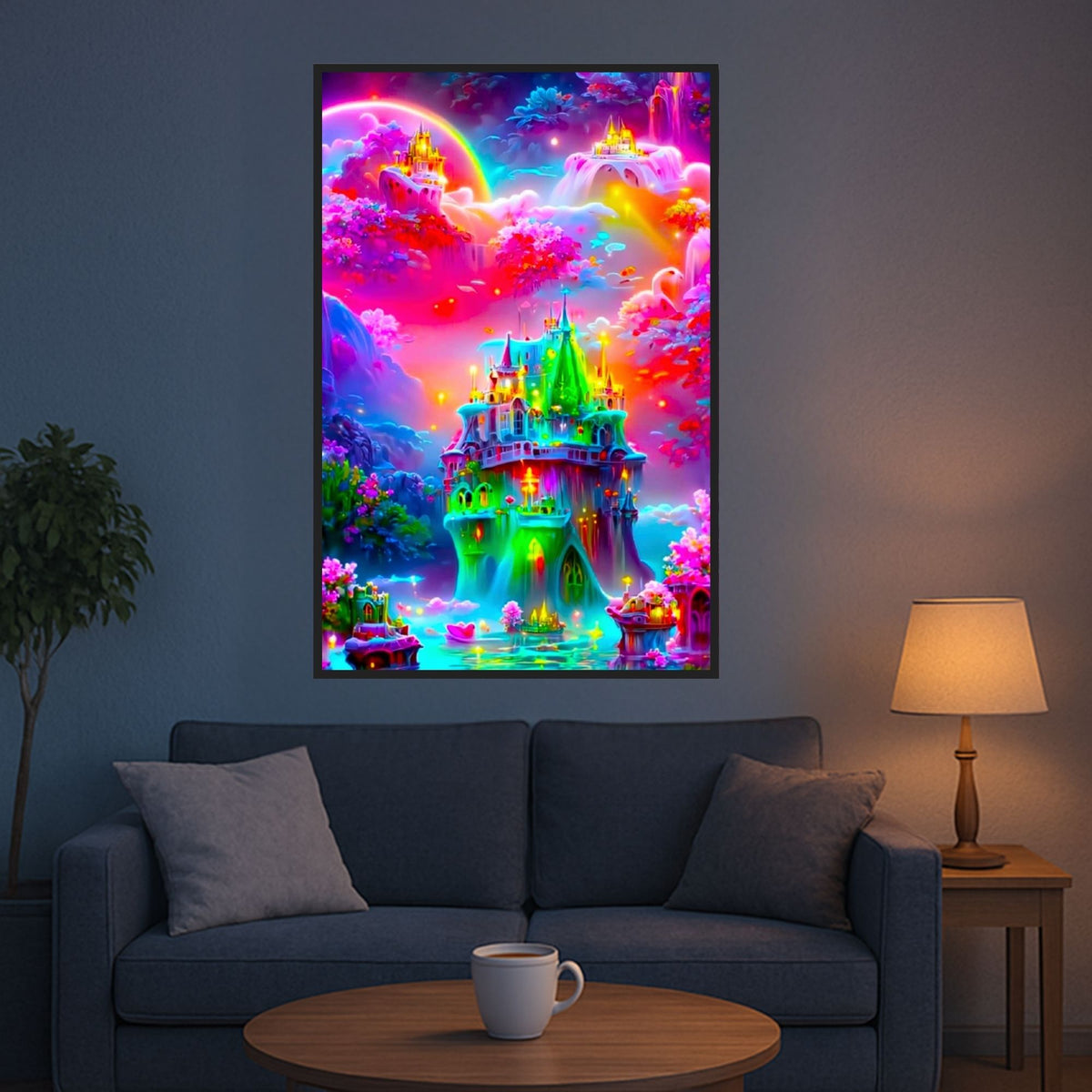 Großes Diamond Painting Set Fantasiewelt mit bunt leuchtendem Schloss, Regenbogen und Blumen in leuchtenden Farben