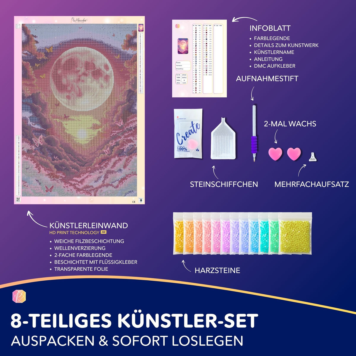 Diamond Painting Set Wolkenreich mit pinkem Mond, Schmetterlingen und komplettem Zubehör wie Leinwand und Harzsteinen.
