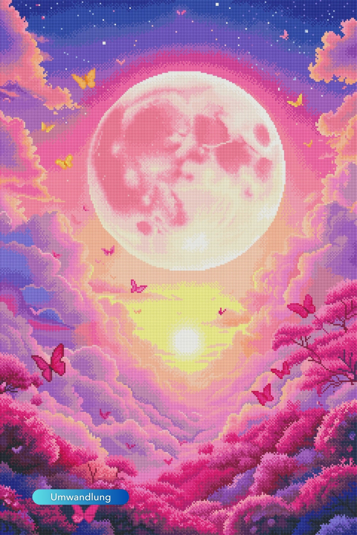 Diamond Painting Wolkenreich mit rosa Mond, leuchtenden Wolken, Schmetterlingen und Blüten in einer Märchenlandschaft.