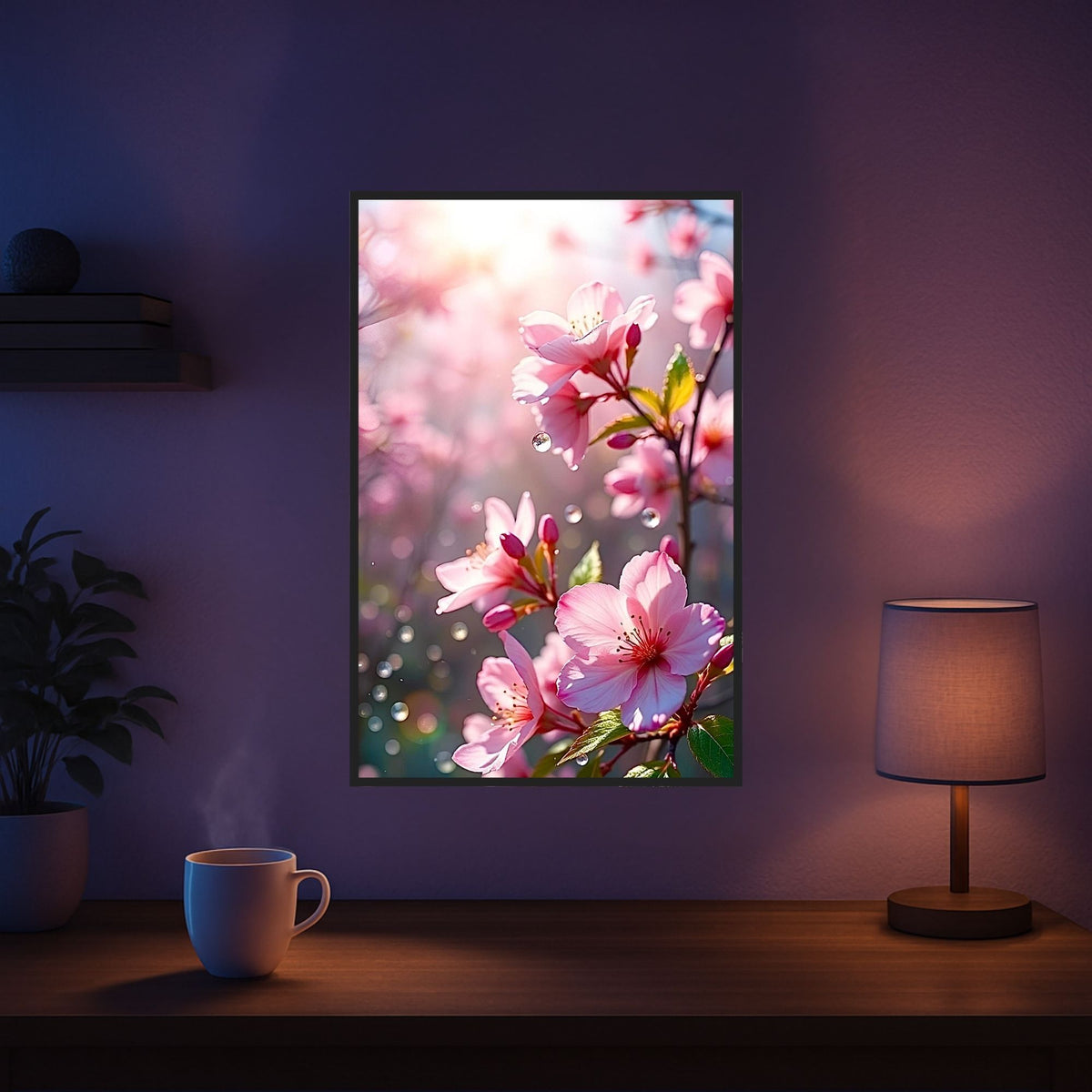 Diamond Painting Set Kirschblüten mit glitzernden Details, eingerahmt an einer Wand im gemütlichen Wohnzimmer