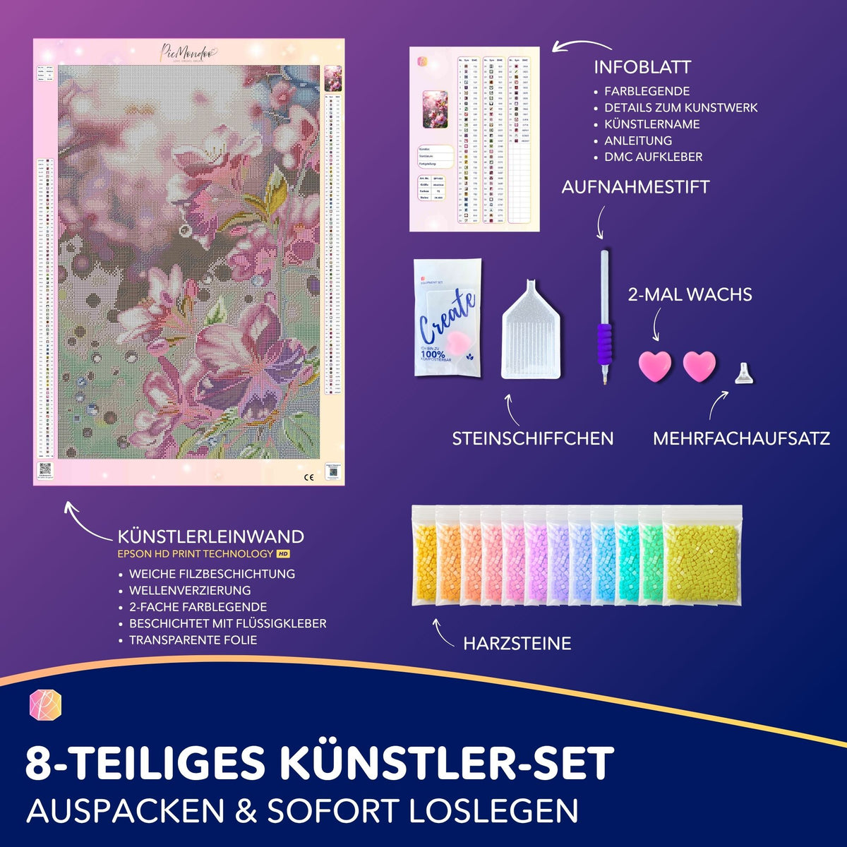 Diamond Painting Set Zarte Kirschblüten mit Leinwand, bunten Harzsteinen und Zubehör für entspannendes DIY-Basteln