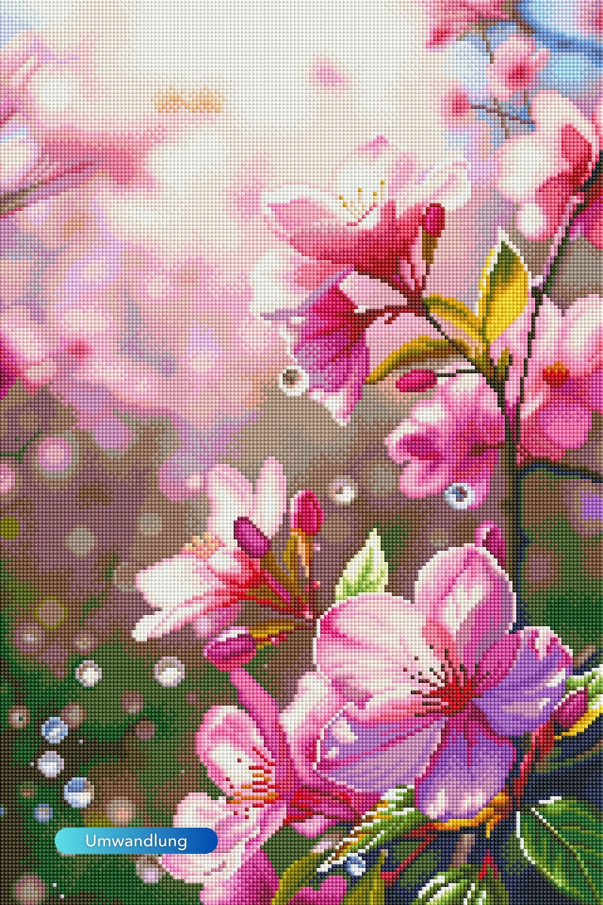 Diamond Painting mit zarten rosa Kirschblüten, vielen funkelnden Details und Wassertropfen auf der Leinwand.